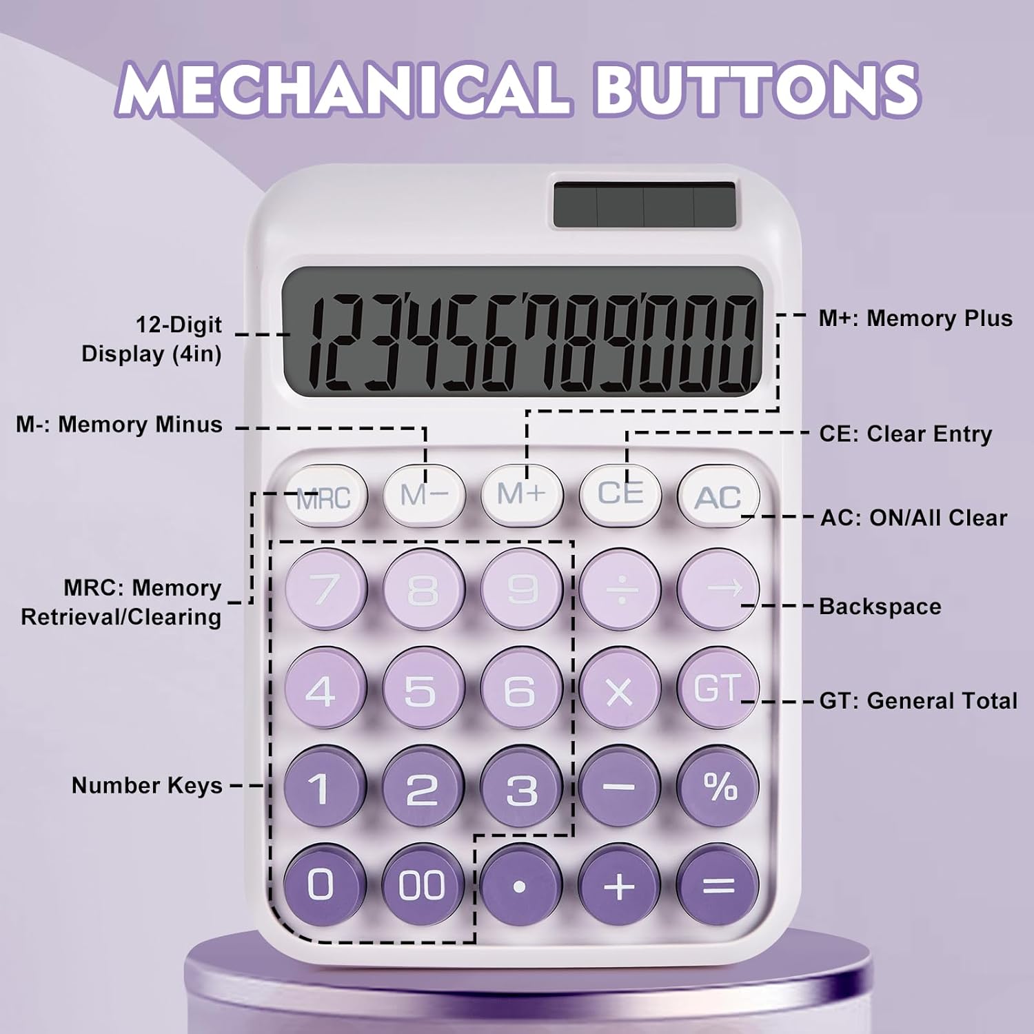 Mechanical Switch Calculator with Big Buttons, Calculators Desktop, 12 Digits, Solar Battery Power, Desk Calculator,Large LCD Display,Cute Purple Calculators for Teachers Students Basic Office