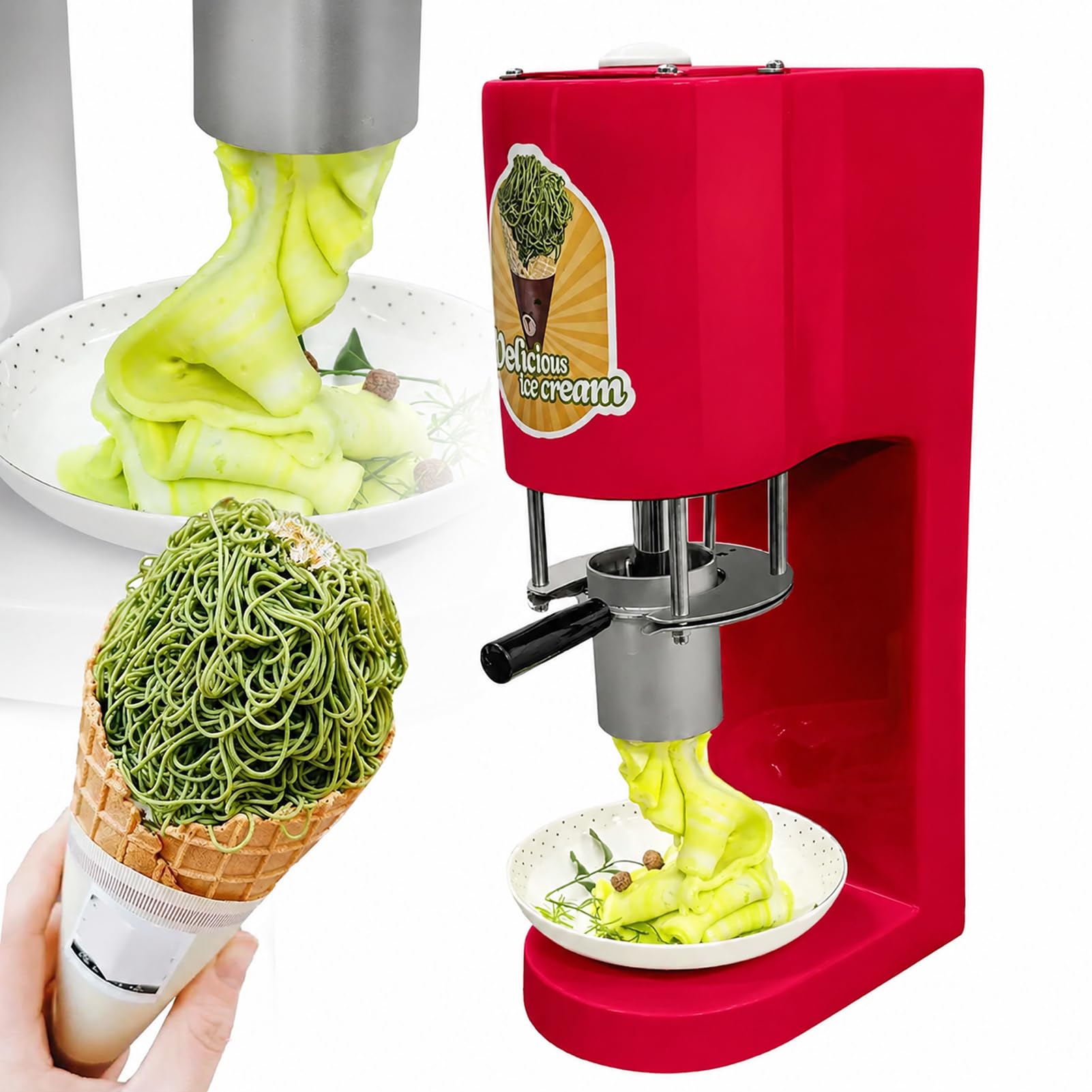 LYJIANGXIN Electric Spaghetti Ice Cream Maker Machine Commercial, 80W Ice Cream Noodle Extruder with 4 Stainless Steel Shapes, High Capacity Soft Serve Dessert Machine for Cafés & Restaurants