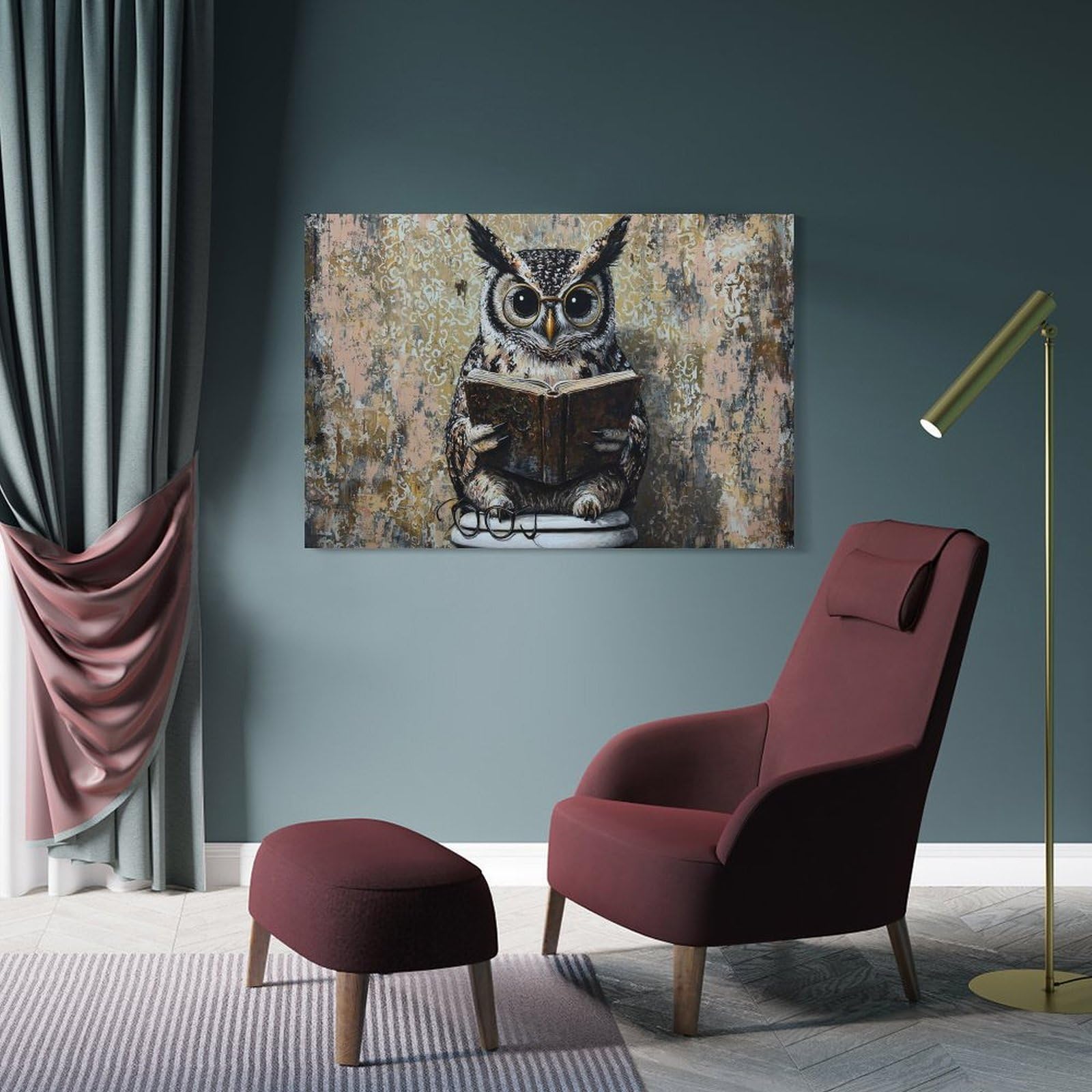 Junmoney Wise Owl Reading A Book Canvas Wall Picture, 24x36inch(60x90cm), for Wall Displays, Bedrooms Or Room Updates, Wall Decor Suited to Curated Displays
