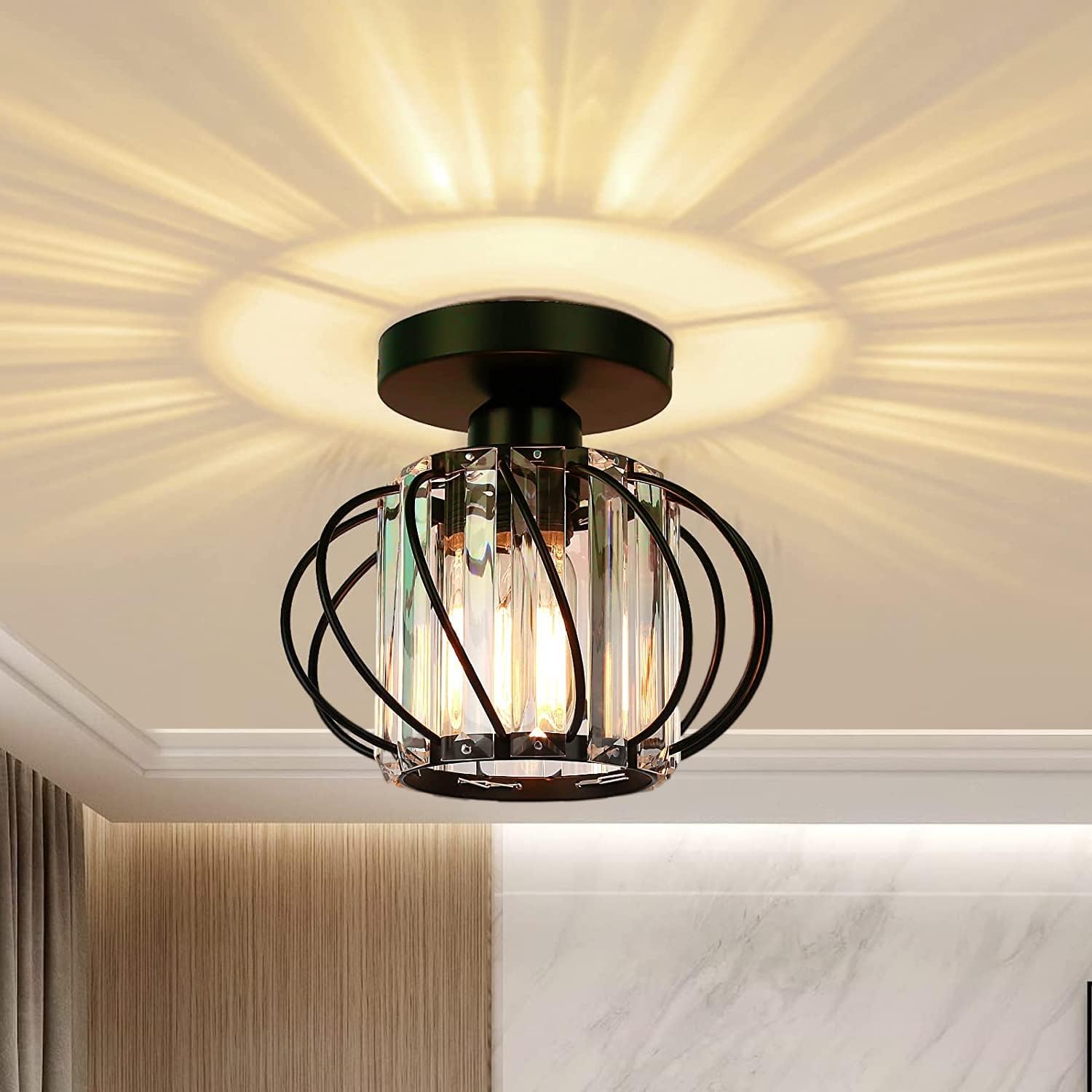 Modern Crystal Ceiling Light Fixture- Industrial Mini Semi Flush Mount Ceiling Lighting LED Crystal Chandeliers Fitting for Kitchen Hallway Dining Rooms Living Room, Black