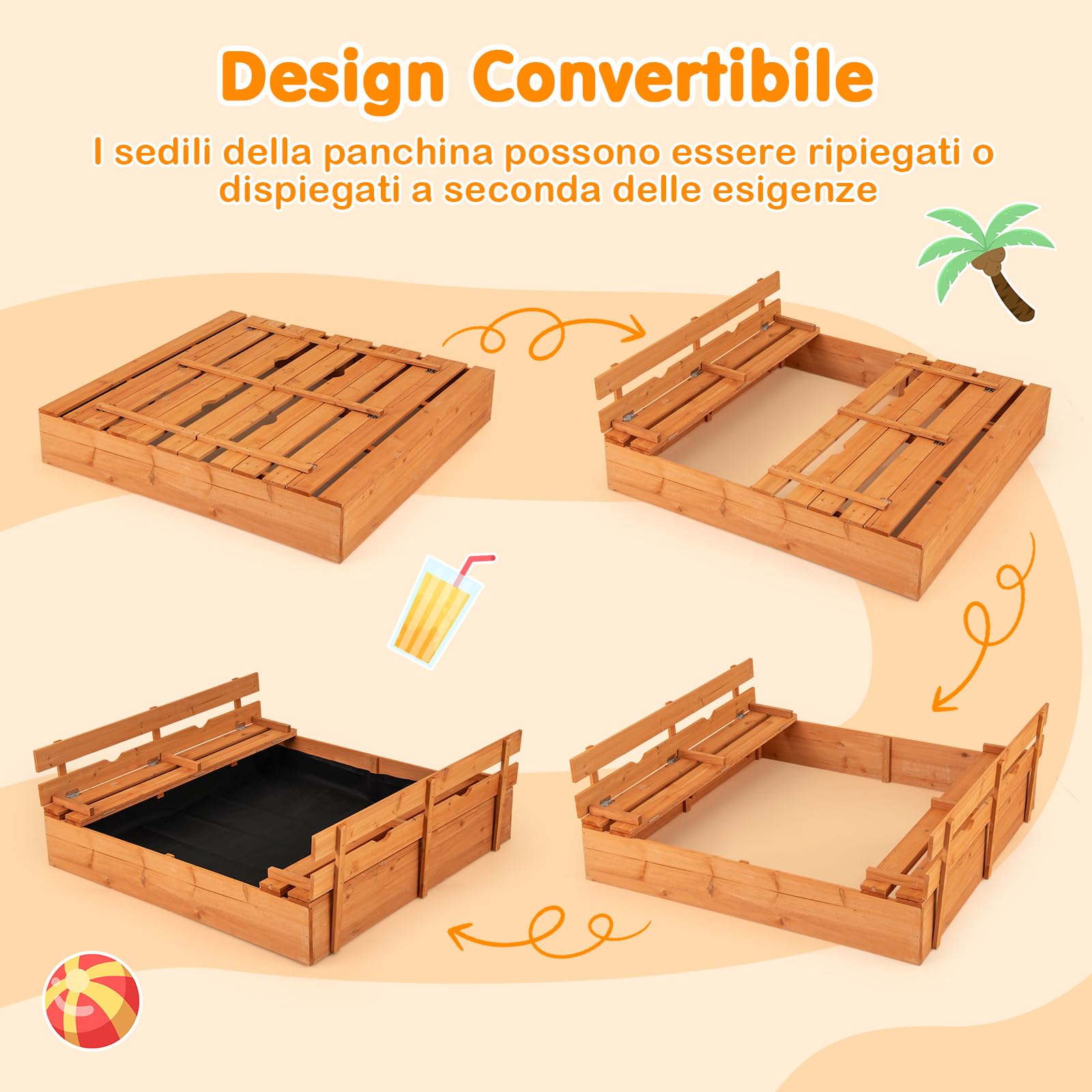 GYMAX Scatola di Sabbia in Legno per Bambini, Gioco da Spiaggia per Esterni con Panche Pieghevoli e Rivestimento Inferiore per Giardino, Cortile, Spiaggia, Sabbiera per Bambini 18+ Mesi