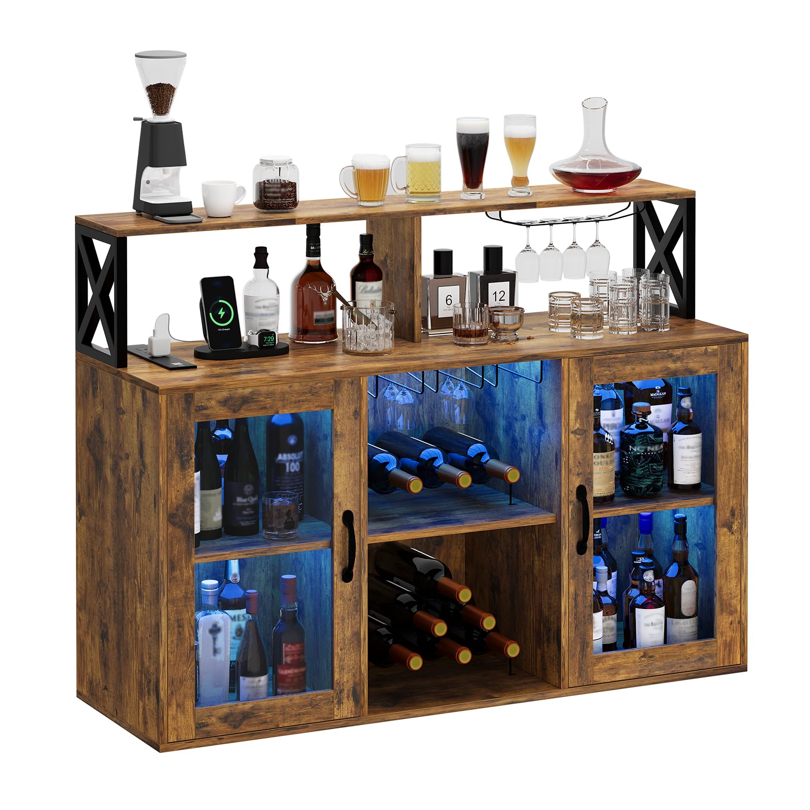 Modern Wine Bar Cabinet with LED Light & Power Outlets – Sideboard Buffet with Wine Rack, Glass , Ample Storage – Freestanding Liquor Storage for