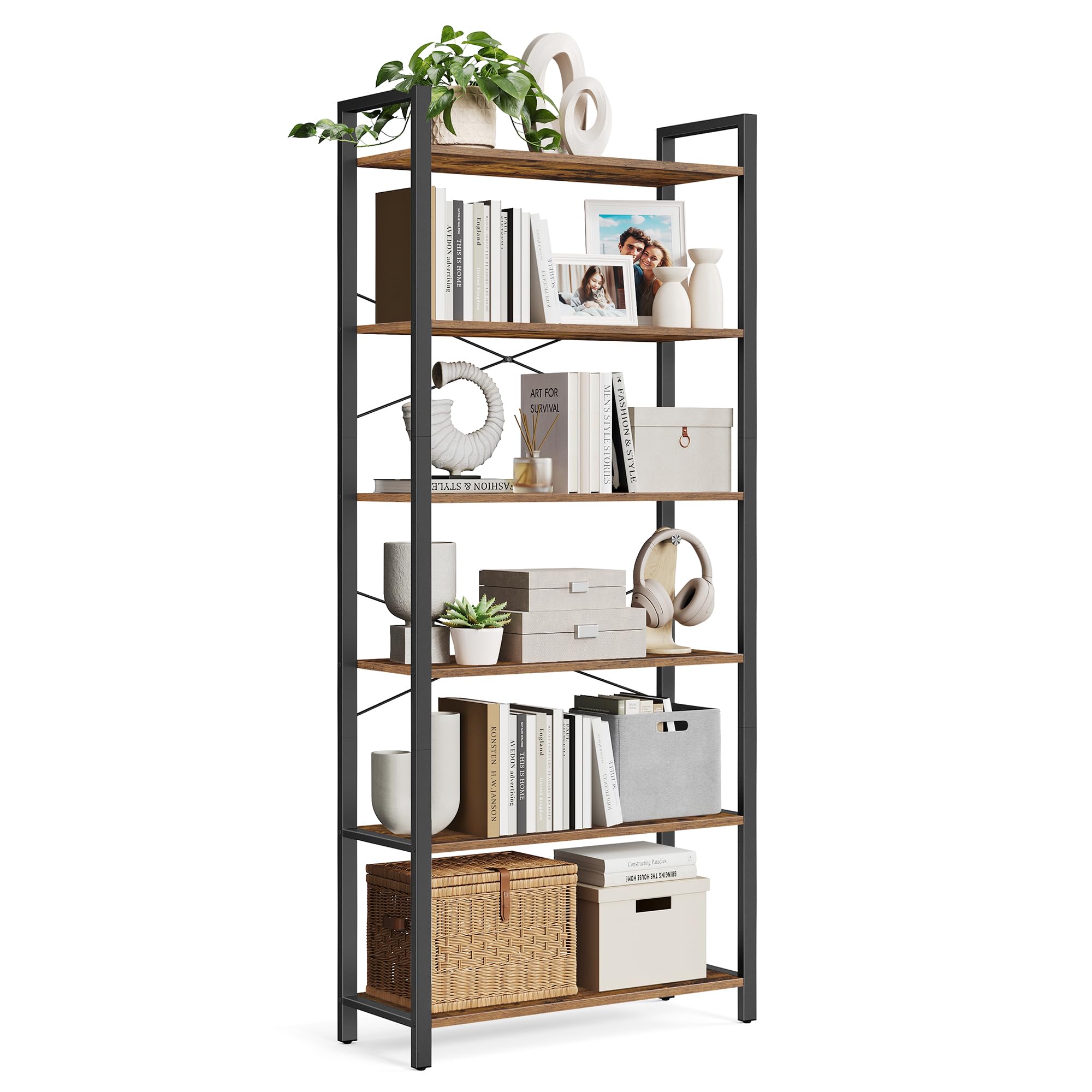 VASAGLE Regal, Bücherregal, Standregal, DVD-Regal, mit 6 Ebenen, Büroregal, offene Ablagen, für Büro, Wohnzimmer, Schlafzimmer, Küche, 30 x 78 x 185,5 cm, vintagebraun-tintenschwarz LLS082B01