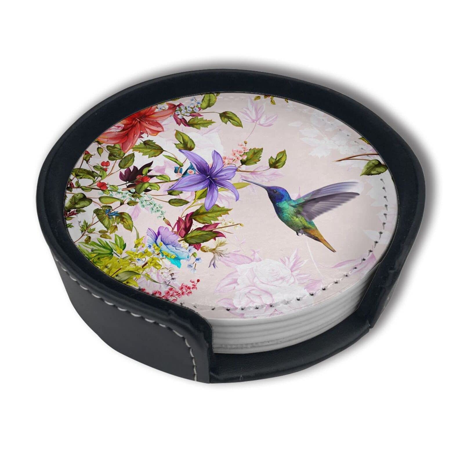Colibríes – Posavasos para bebidas – Posavasos de cuero con soporte – Juego de 6 tazas redondas – Alfombrilla para cocina en casa