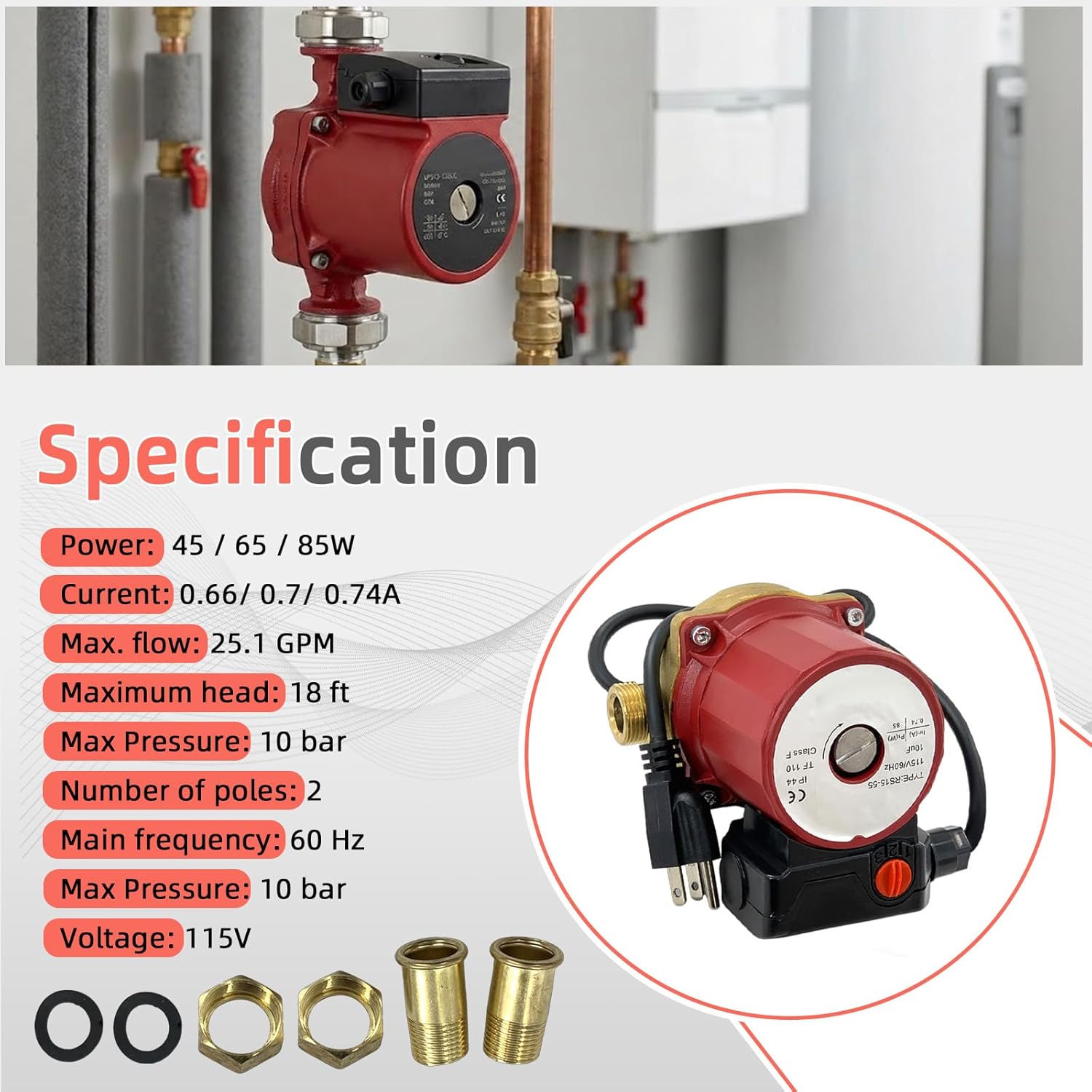 UPS15-55SUC 59896781 3-Speed Stainless Steel Circulator Pump Compatible with Grundf-os Open System SuperBrute w/IFC Removable Check Valve 1/2" Union 1/8HP 115V 3/25 HP