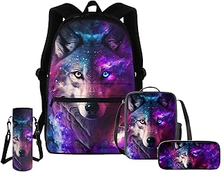 Galaxy Wolf Backpack for Girls Boys Kids School Bag Set Elementary Kindergarten Preschool Bookbag Middle School Students Bags with Lunch Bag Pencil Case Water Bottle Sleeve
