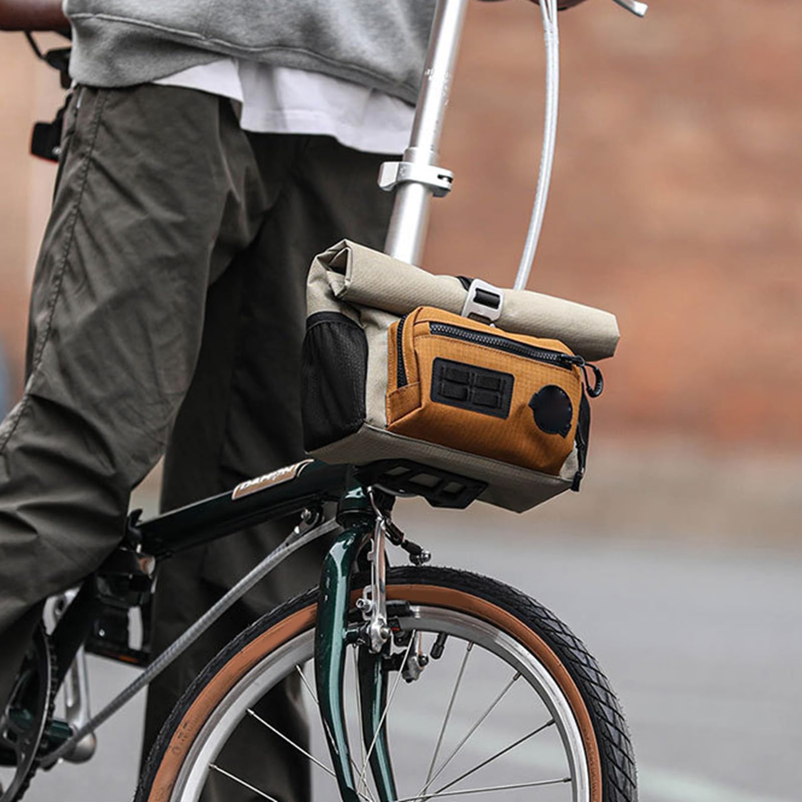 Cryfokt Borsa da Manubrio per Bici Leggera Robusta di Grande capacità per Bici Pieghevole Borsa Anteriore per a Sgancio Rapido con Tracolla per Ciclismo (Cachi)