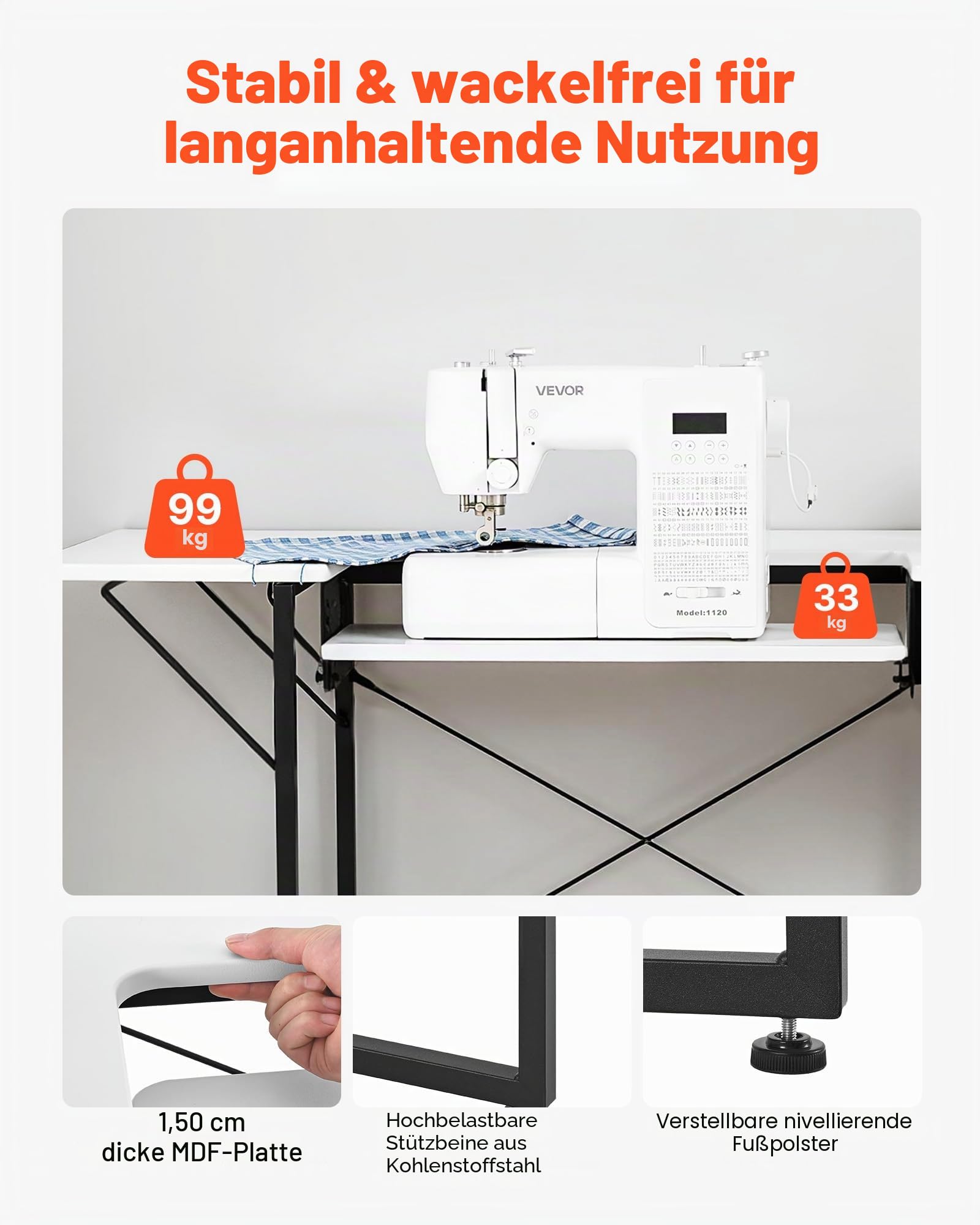 VEVOR Nähtisch Nähmaschinentisch mit klappbarer Tischplatte & Verstellbarer Ablage & Stahlbeinen, Mehrzwecktisch Computertisch für Zuhause Modestudio Kunststudio Bildungseinrichtung, Weiß