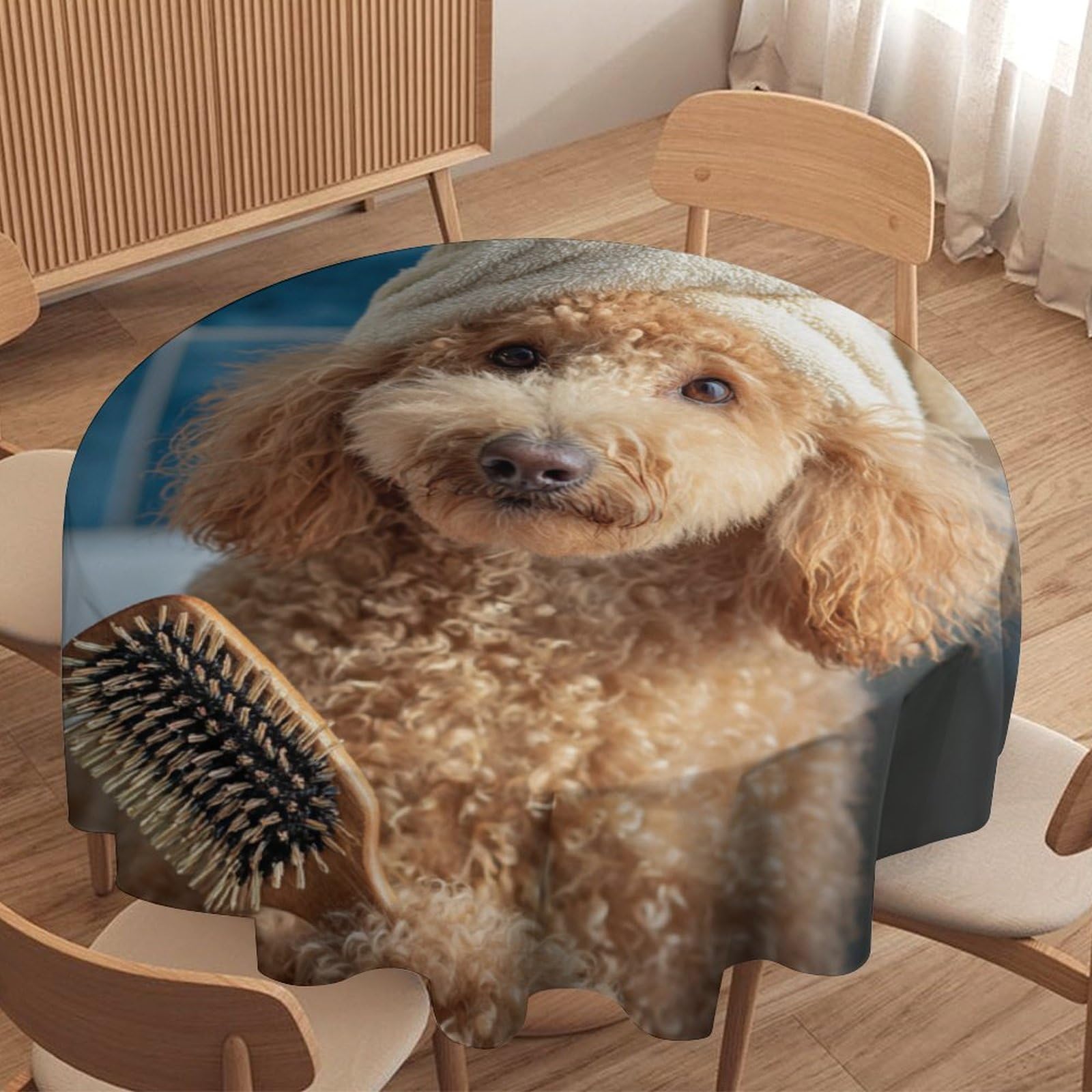 LUYYSKY Funny Modern Pet Puppy Waterproof Round Tablecloth Cute Bathroom Art Bathroom Art Pet Animal Dog Pattern Washable Table Cover for Kitchen-152.4" Wx152.4 L cm