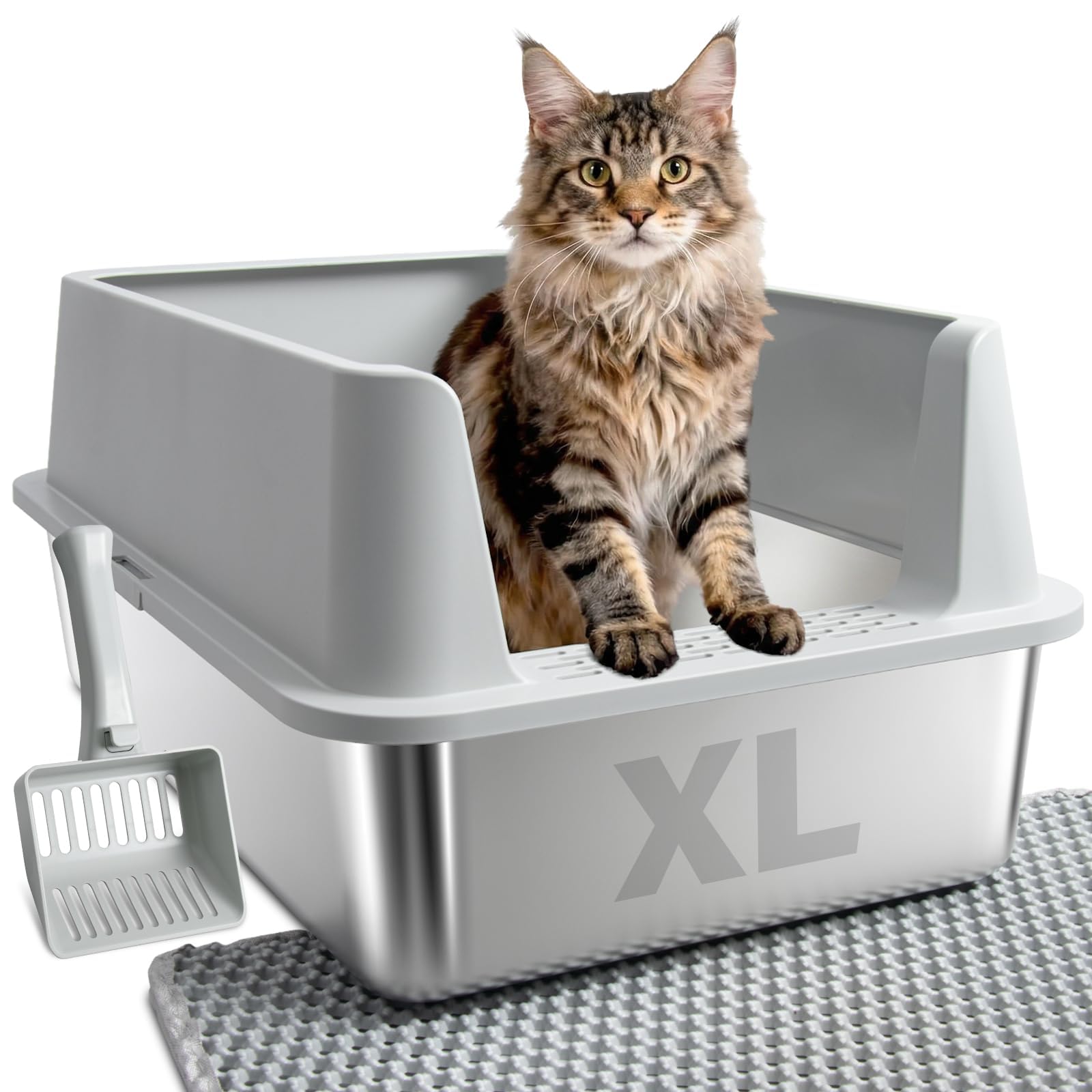 Stainless Steel Litter Box, XL Metal Cat Litter Box with Lid, Extra Large Cat Litter Boxes for Big Cats with High Sides, Leak Proof, Easy to Clean, No Stick, Odor Control, Include Scoop and Mat