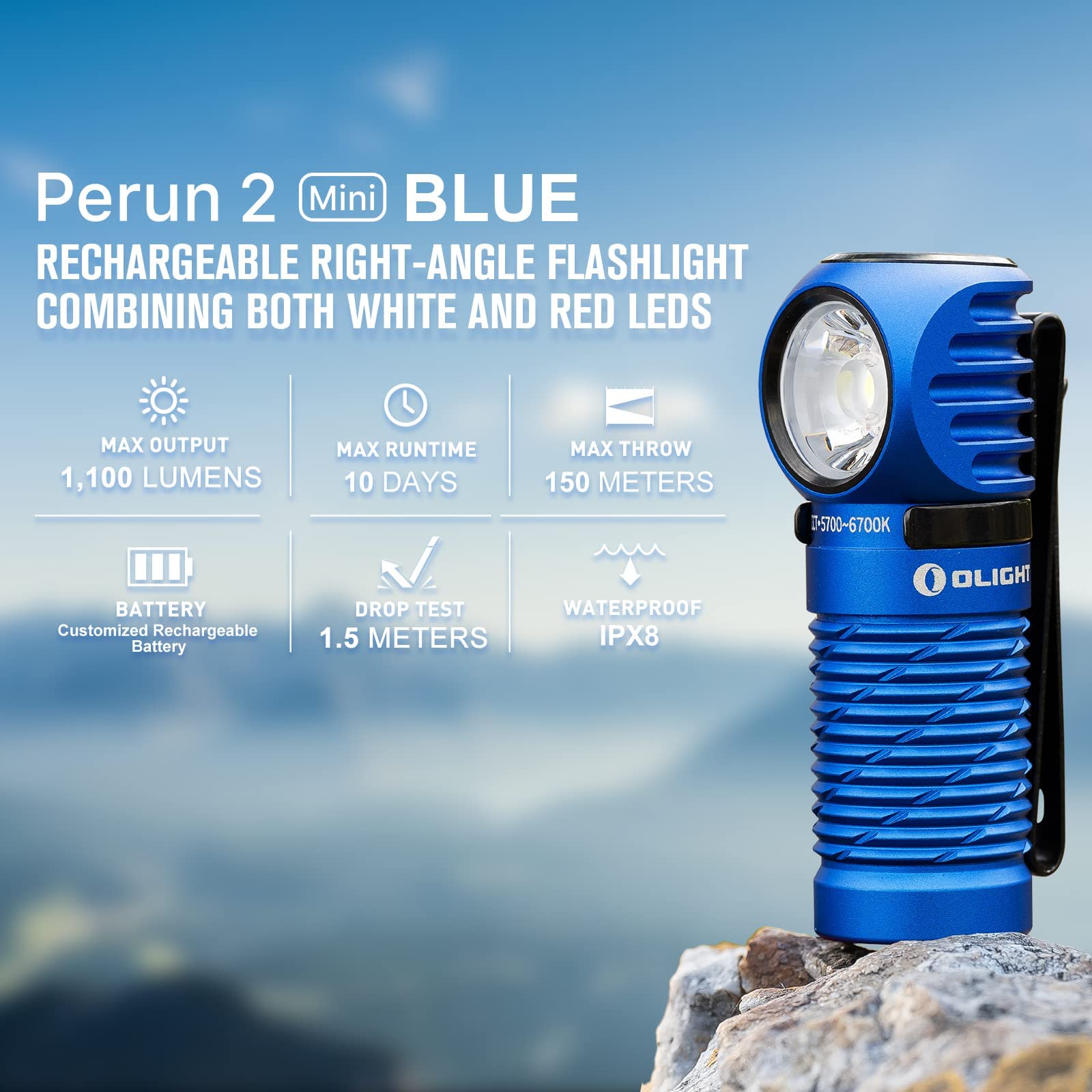 OLIGHT Perun 2 Mini, Linterna frontal LED con banda para cabeza, alcance 150 m. Luz blanca 180º
