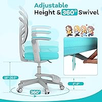 Vista 61 de GLACER Silla de escritorio para niños, silla de estudio giratoria de malla ajustable con ruedas, brazos, silla ergonómica para computadora con Verde