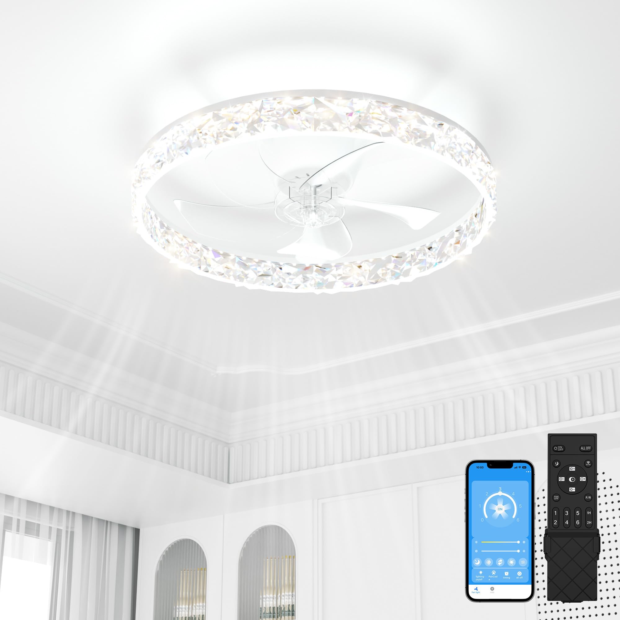 Sunkenet White Ceiling Fans With Lights And Remote, 50Cm Led Fan Ceiling Light, 3000K-6500K Dimmable Smart Ceiling Fan Light, 6 Wind Speeds & Reversible, Modern Fan Light Ceiling For Bedroom(White)