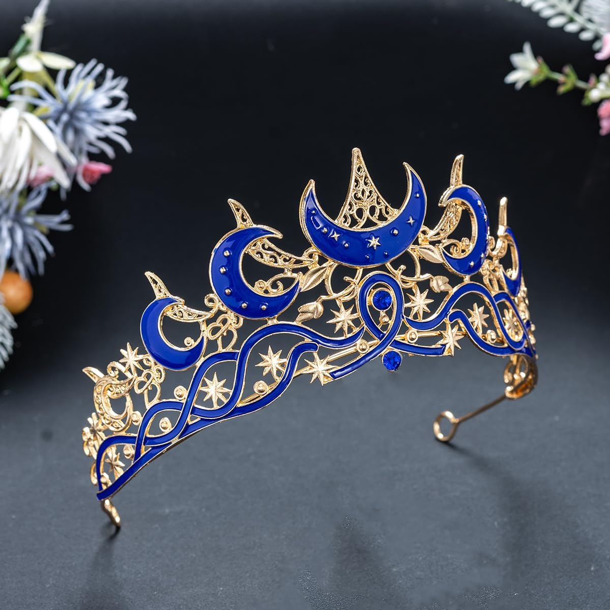 Celestial Queen Rhinestone Crown for Women, Gothic Moon and Star Tiara Headpiece, Royal Adult Cosplay & Bridal Wedding Hair Accessories