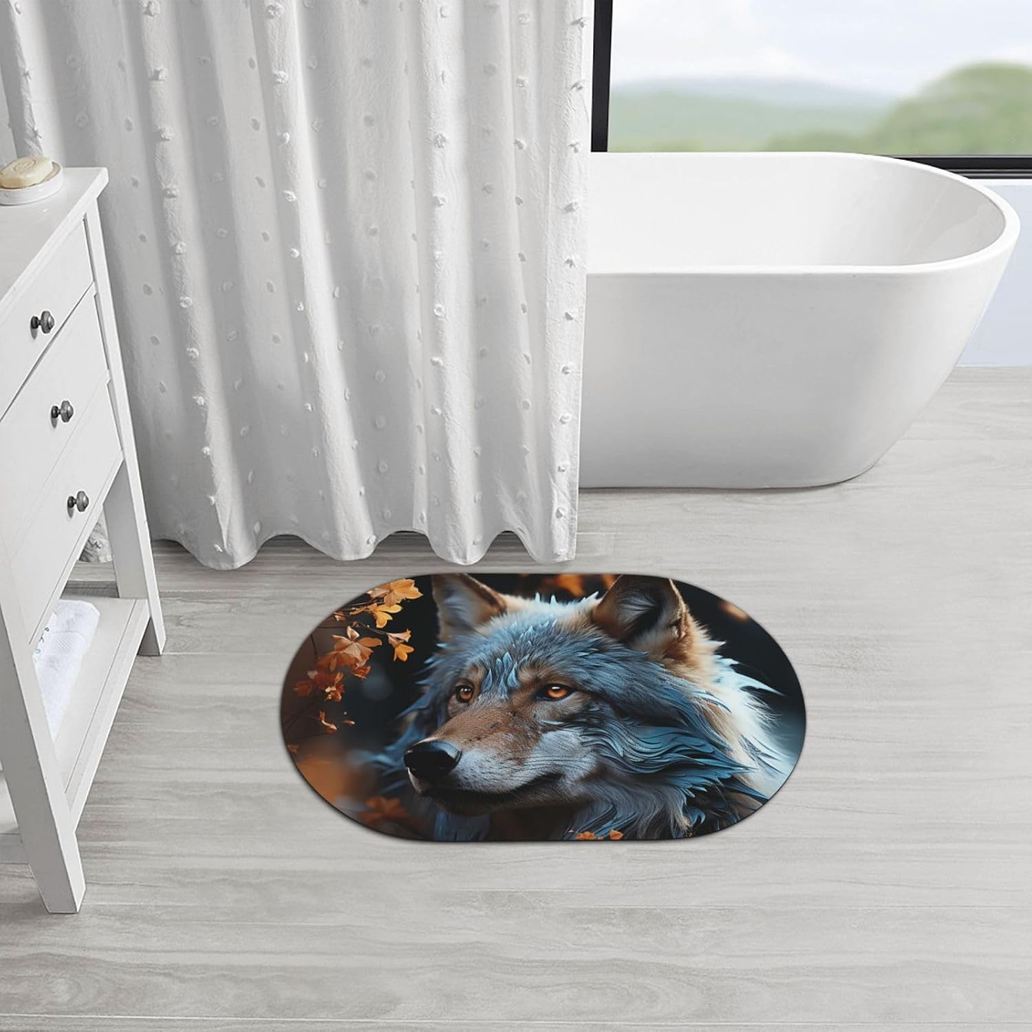 Stone Bath Mats Autumn Leaves and a Wolf Diatomaceous Earth Bath Mat Super Absorbent Bathroom Floor Mat Quick Drying Diatomite Shower Mat for Shower Bathtub Bathroom Accessory 16x24in