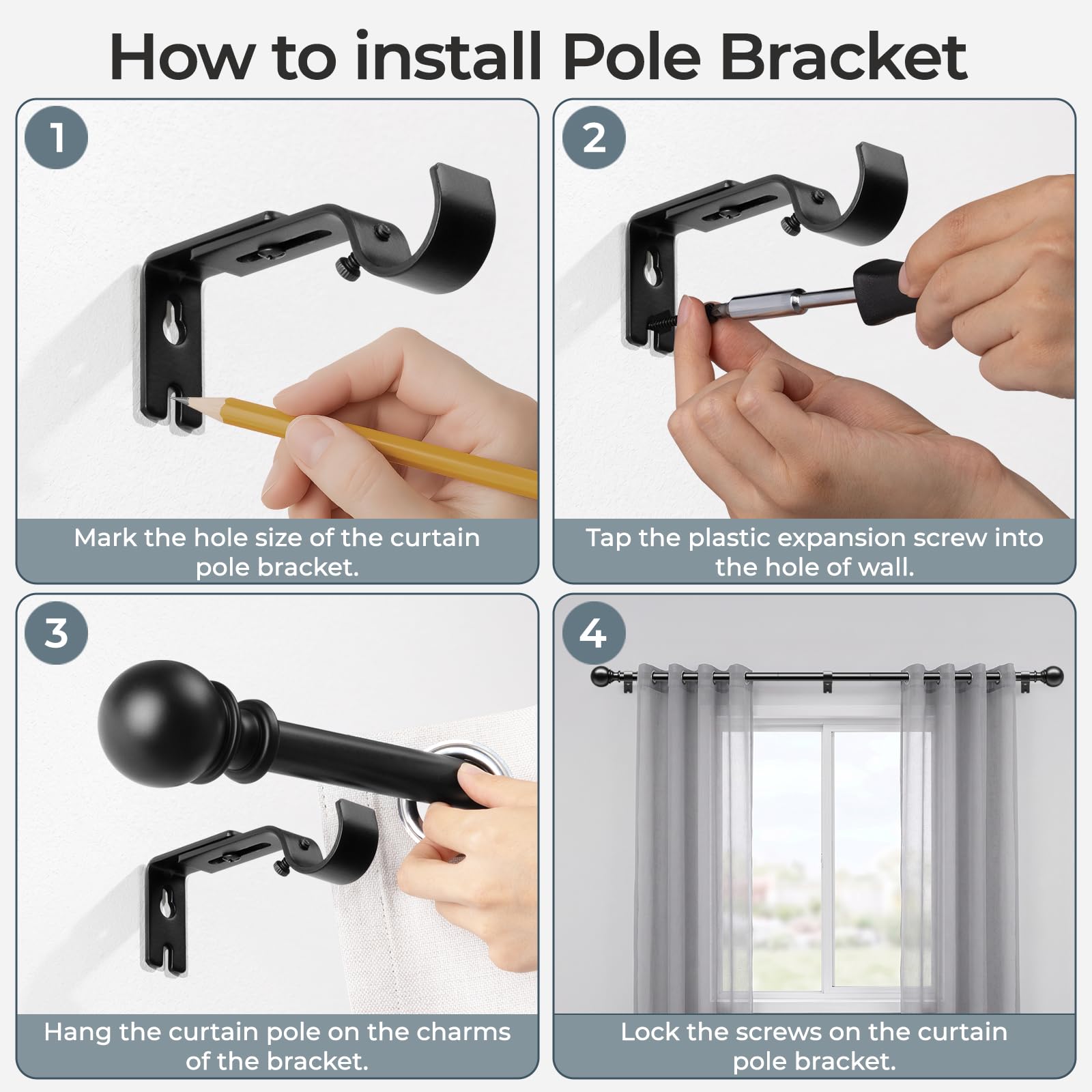 Tringle à rideaux à œillets extensible Noir 25 mm 80-305 cm | Tringles à rideaux robustes, charge de 15 kg, tringle à rideaux intérieur/extérieur, support mural/plafond, supports inclus