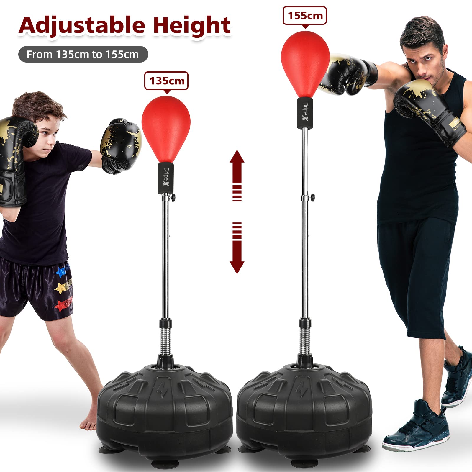 Dripex Punching Ball Palla da Boxe su Supporto Sacco da Boxe Palla di Pugilato da Terra Base con 6 Ventose Altezza Regolabile 135-155 cm