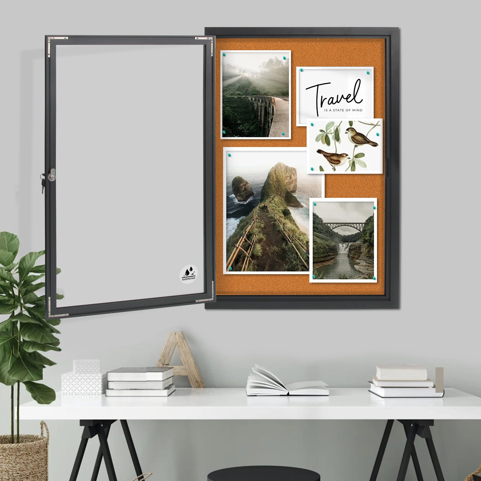 Tablón de anuncios cerrado, tablero de anuncios de corcho resistente a la intemperie con puerta de bloqueo, marco de aluminio negro montado en la pared, tablero de mensajes para oficina y hogar, 36 x