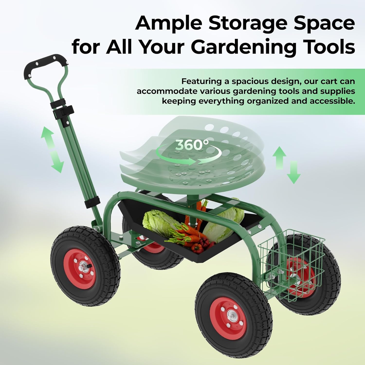 Garden Scooter Rolling Work Seat – 360° Swivel Garden Cart with Wheels, Tool Tray & Steering Handle – Heavy Duty Outdoor Stool for Planting, Weeding & Yard Work