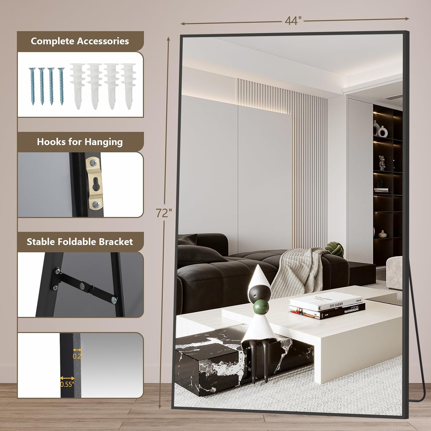 Mirrorons 72"x44" Oversized Black Full Length Mirror, Floor Standing or Wall Mounted with Hanging Kit, Shatterproof Tempered Glass Mirror for Living Room, Bedroom, Dressing Room, Gym