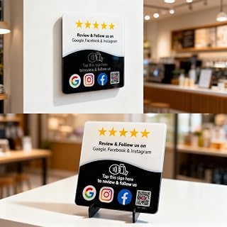 Review Tap Card & Social Media Sign NFC Plate – NFC Review QR Code Sign compatible with Instagram & Facebook QR Code Follow Us – Tap or Scan Business Rating Display with Stand & Adhesive – No App/Fees