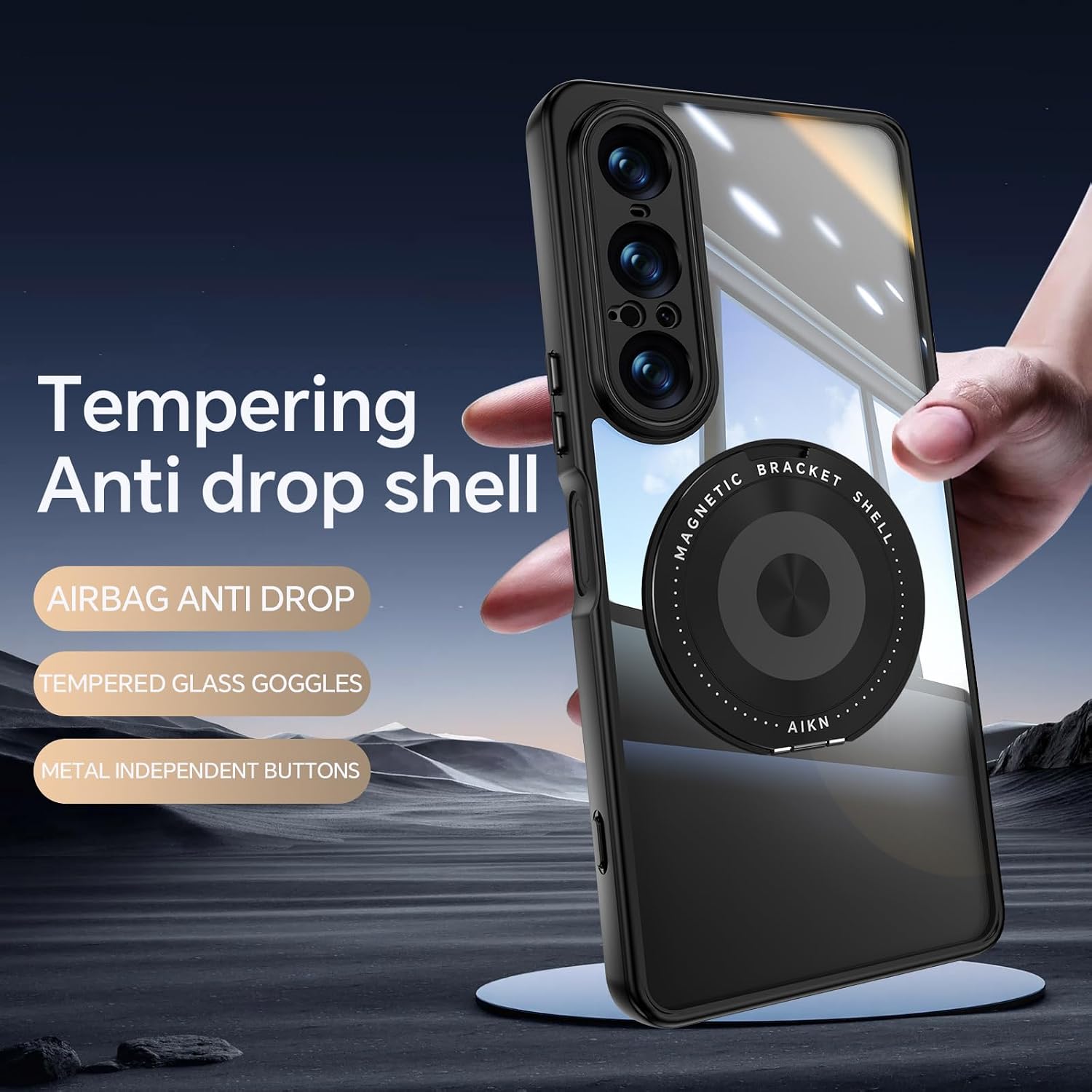 QUIETIP Case Compatible with Sony Xperia 1 VII,Compatible with MagSafe with 360 Magnetic Rotatable Ring Stand Clear Cover,Black