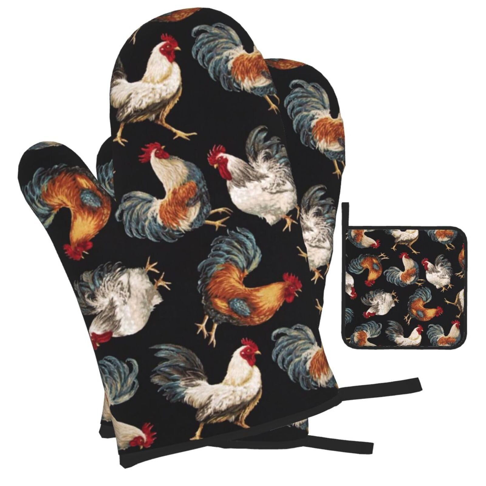 French Roosters Printed Oven Mitts and Pot Holders Heat Resistant Set of 3 Pcs, Modern Kitchen Gloves & Potholders for Cooking Baking Grilling