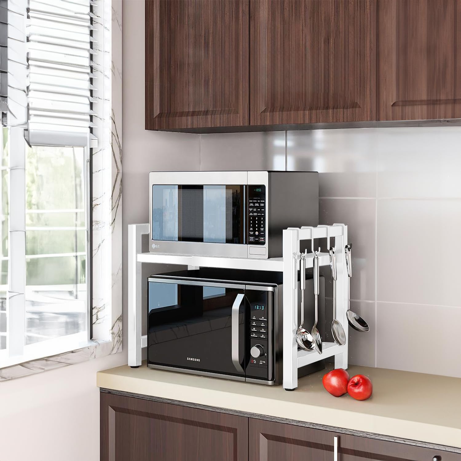 devesanter Scaffale per microonde espandibile a 2 livelli, organizer per microonde con 5 ganci, scaffale da cucina, porta spezie, piano di lavoro, scaffalature per panettieri per dimensioni da 40-64