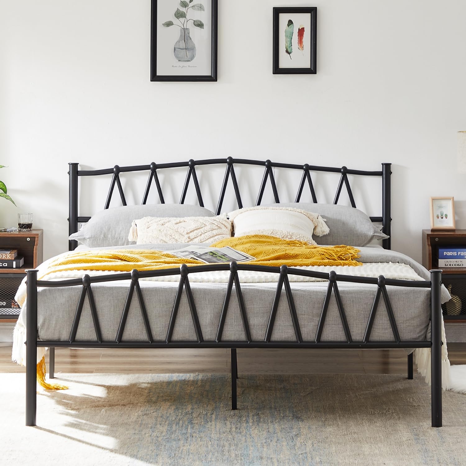 Amazon.com: VECELO Full Metal Platform Bed Frame with M Shape Headboard ...