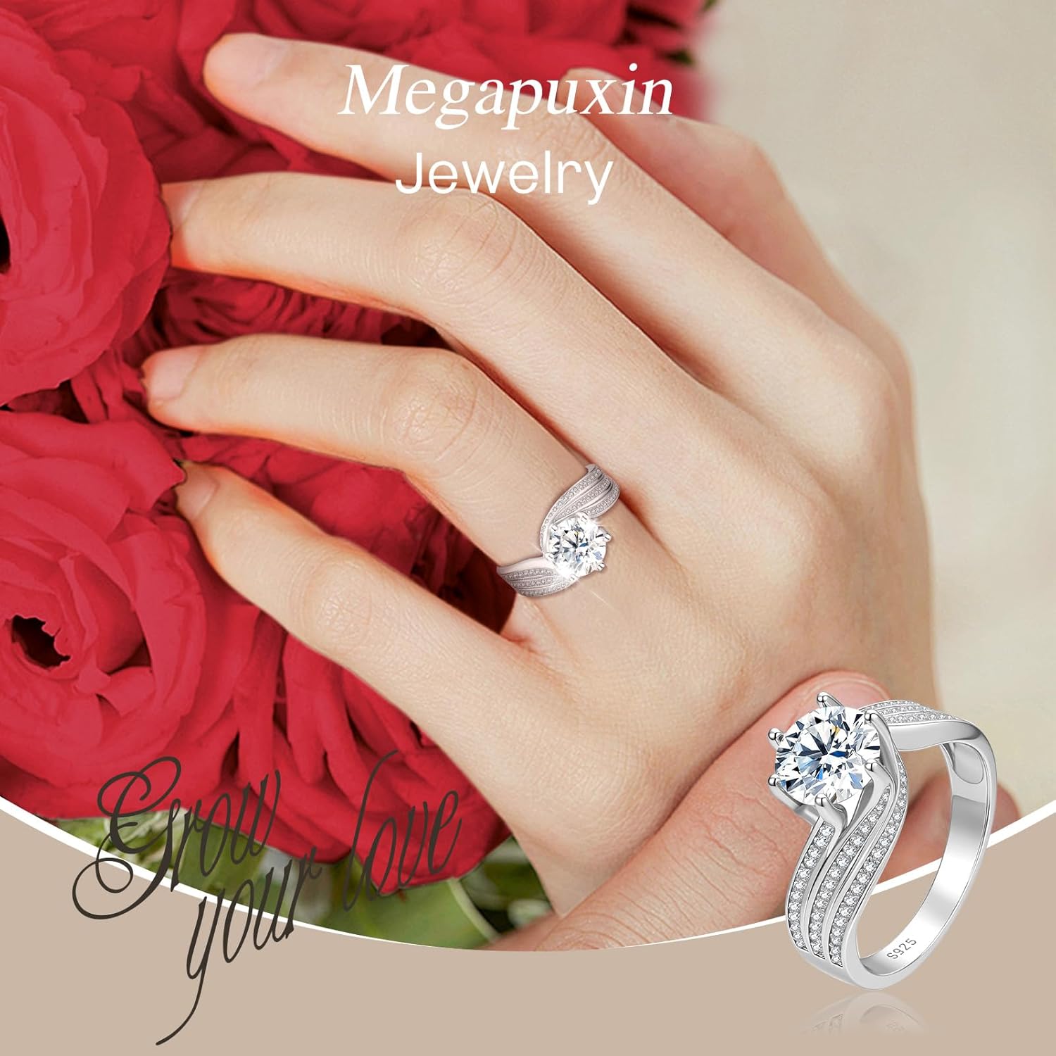 Moissanite Rings for Women, 1-2CT Engagement Promise Rings for Her, D Color VVS1 Lab Created Moissanite Wedding Band 18K White Gold Plated Eternity Moissanite Bridal Set Elegant Gifts