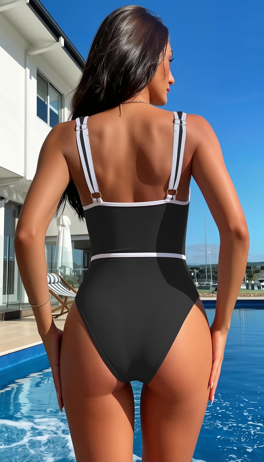 geluboao Women's One Piece Swimsuits Color Block Deep V Neck Tummy Control Bathing Suits Sexy Push Up Triangle Monokini
