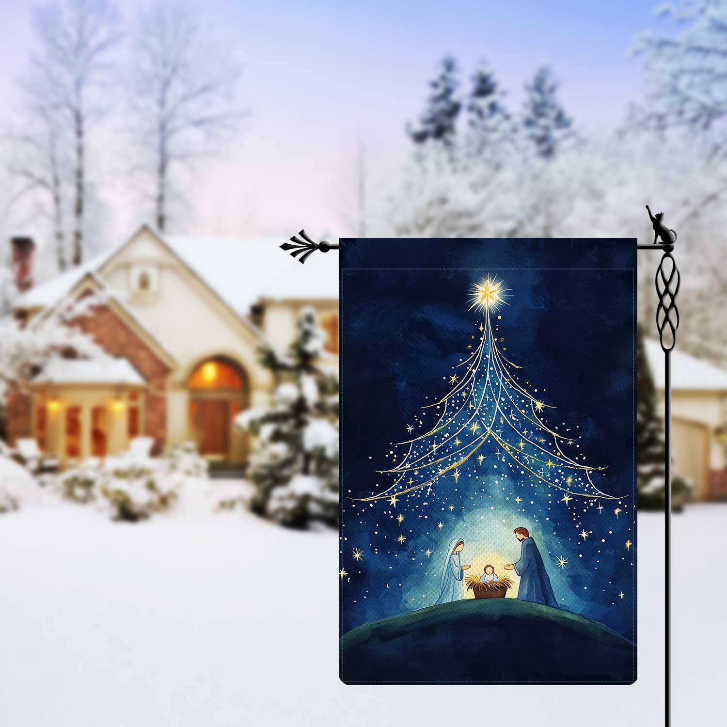 O Holy Night Garden Flag Nativity Night Garden Flag Nativity of Christ Christmas Vertical Double Sided Rustic Farmland Burlap Yard Lawn Outdoor Decor 12.5x18" - Image 3