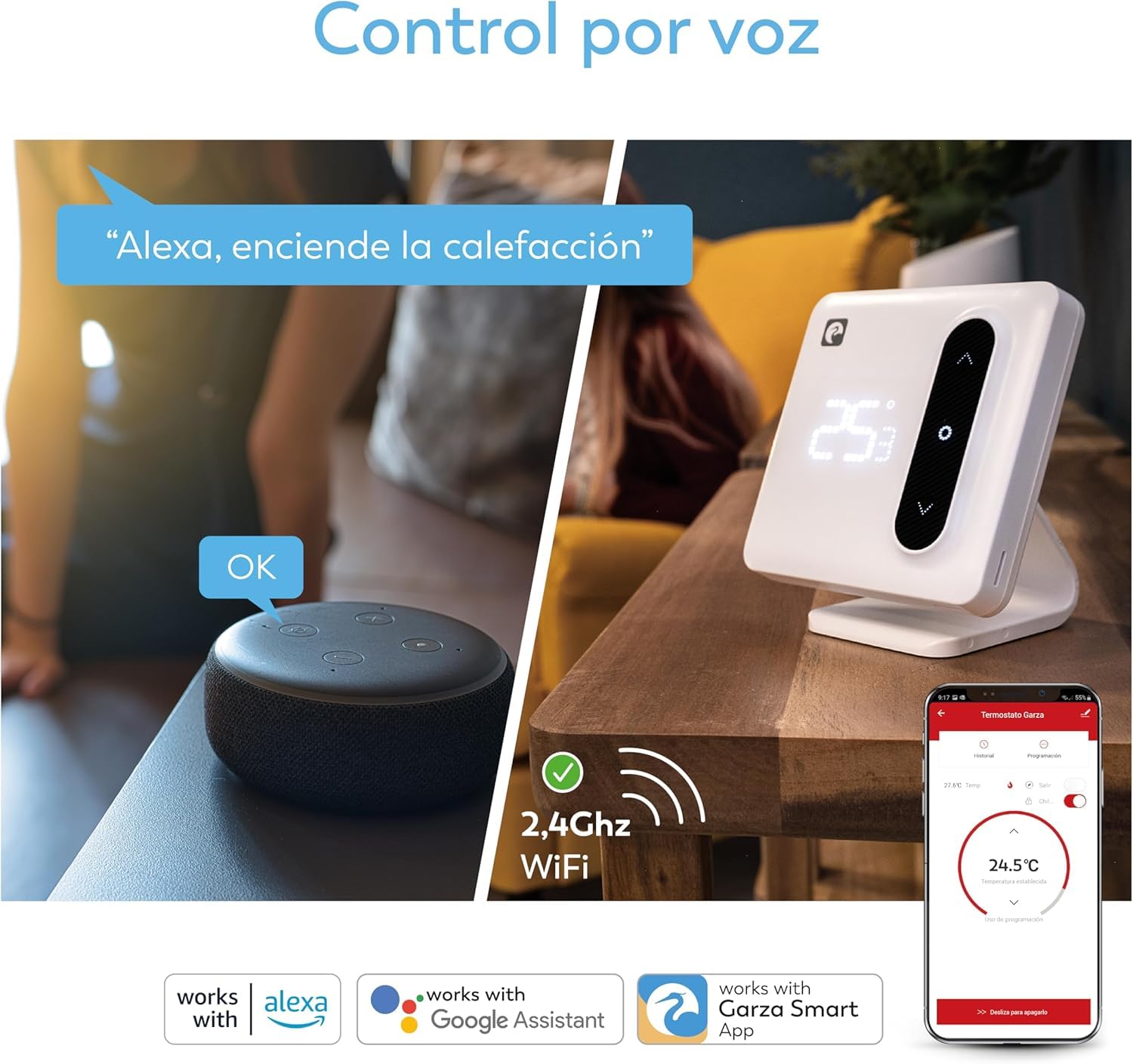 Garza - Termostato Wi-Fi intelligente per caldaia e riscaldamento, con adattatore, misuratore di consumo, controllo touch, rilevamento finestre aperte, controllo app e voce, Alexa/Google, bianco