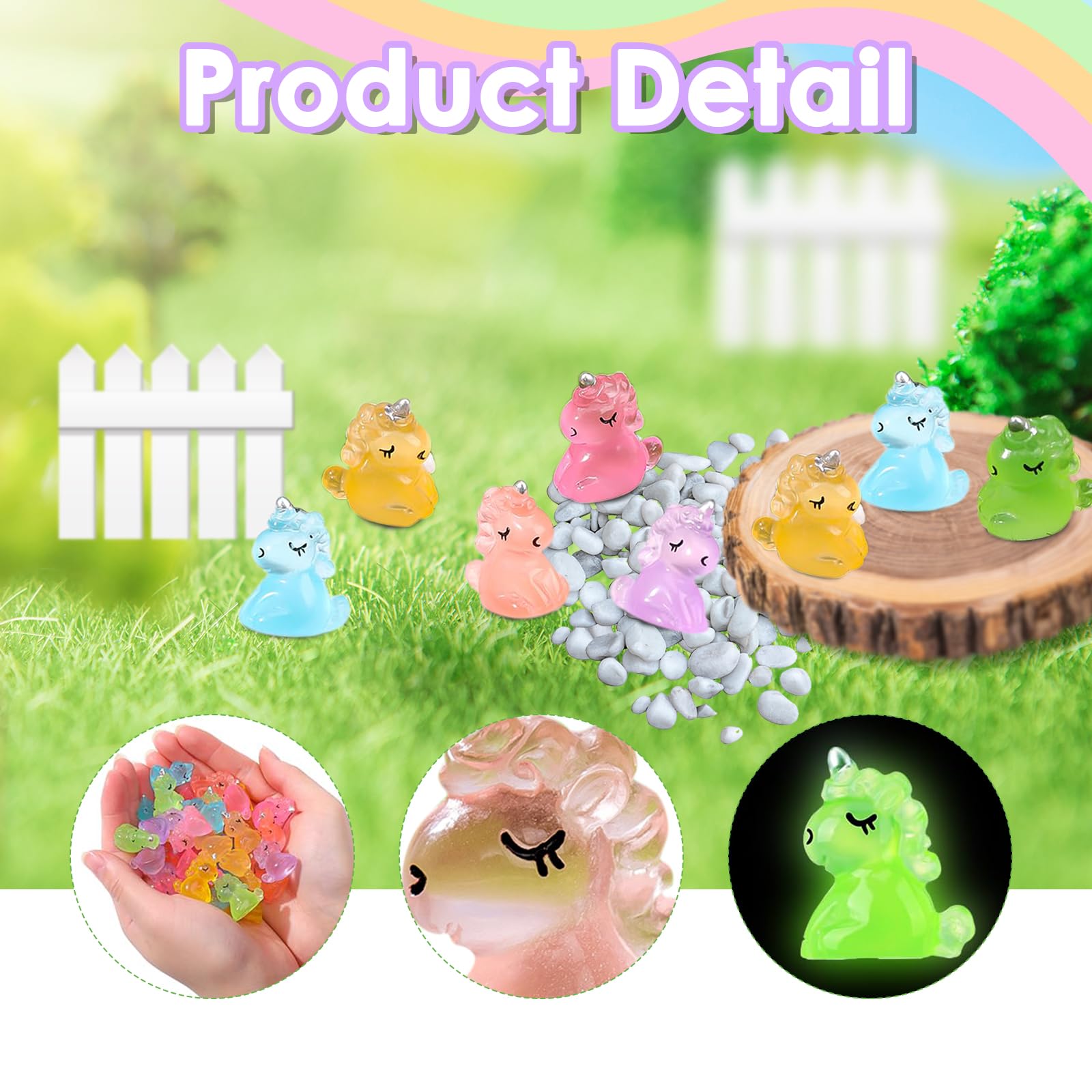 96 piezas de mini resina luminosa diminuto unicornio que brilla en la oscuridad figuras miniatura de animales de resina para paisaje de musgo, bricolaje, manualidades, decoración de tartas, terrario