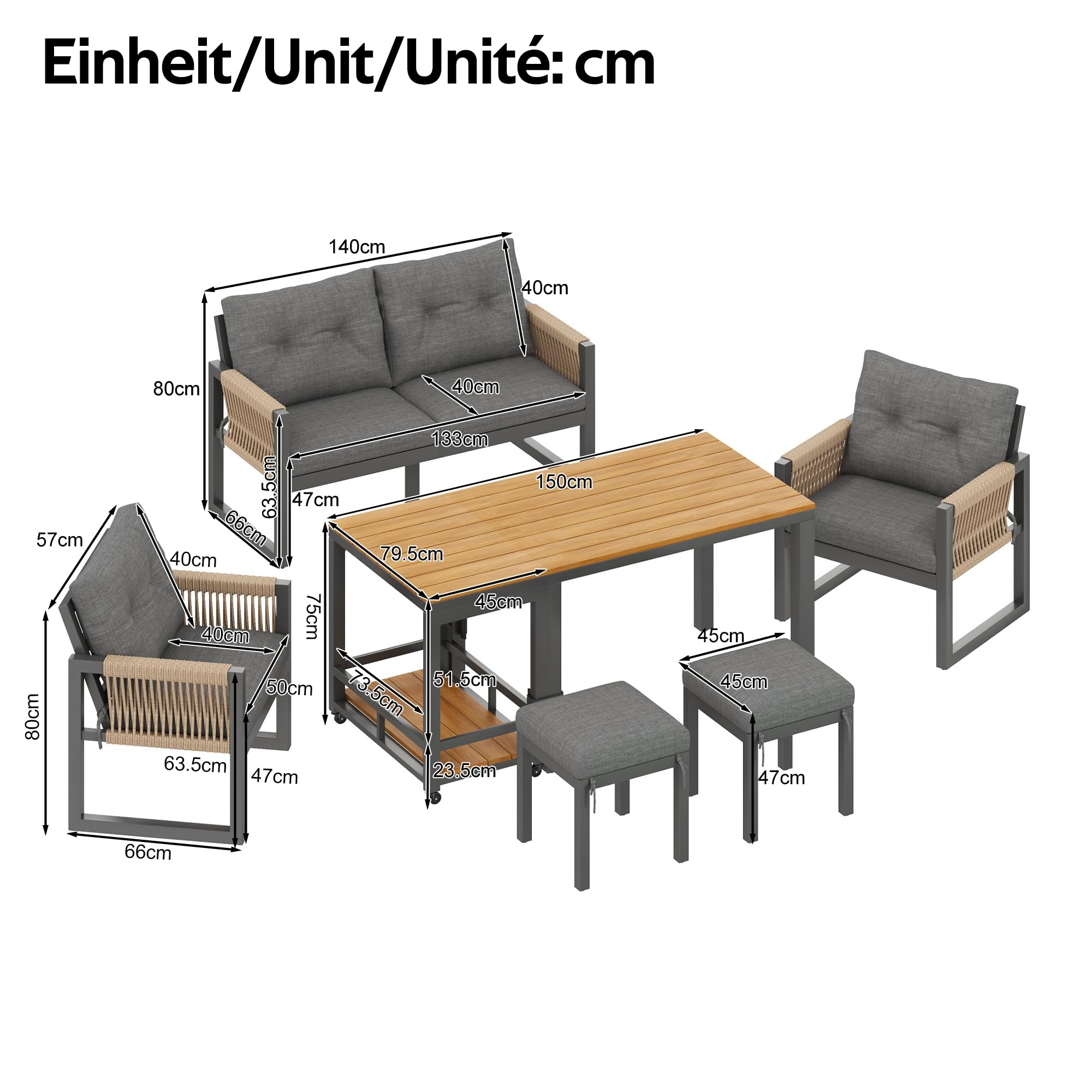 Gartenmöbel Sitzgruppe für 6 Personen, Outdoor Möbel 6-teilig mit Sofa und Couchtisch, Gartenmöbel Set mit Sitzkissen und Kissen, Balkonmöbel Essgruppe für Garten Balkon Terrasse, Grau+Natur