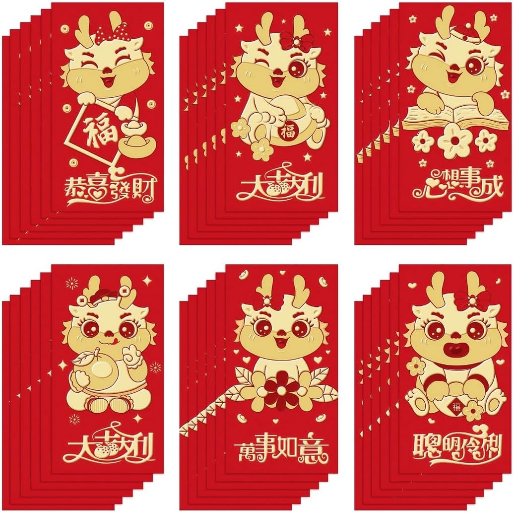 36 szt. czerwonych kopert na chiński Nowy Rok, kreskówka smok chińskie czerwone kieszenie na rok 2024 smoka, 6 stylów wiosennego festiwalu Lucky Money Hong Bao, 17 x 8,9 cm