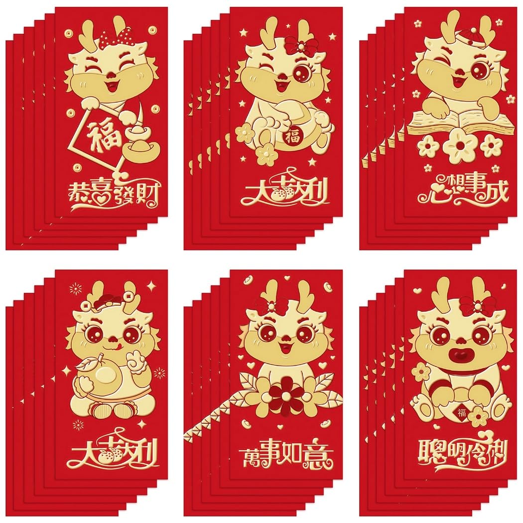 36 Stück Rote Umschläge zum Neujahr, niedlicher Cartoon-Drache Hongbao für das Jahr des Drachen 2024, Glücksgeld-Umschläge zum Frühlingsfest, 6 Varianten, für Familie, Freunde und Kollegen