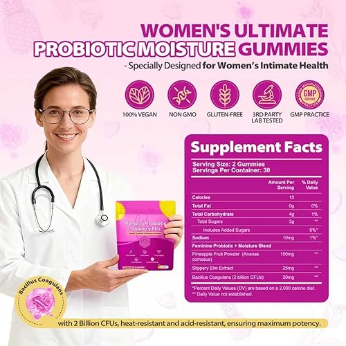 Miniatura 2 de Probiótico femenino de olmo resbaladizo + gomitas de humedad: apoya el equilibrio del pH, la flora vaginal y la salud del olor, con Bacillus