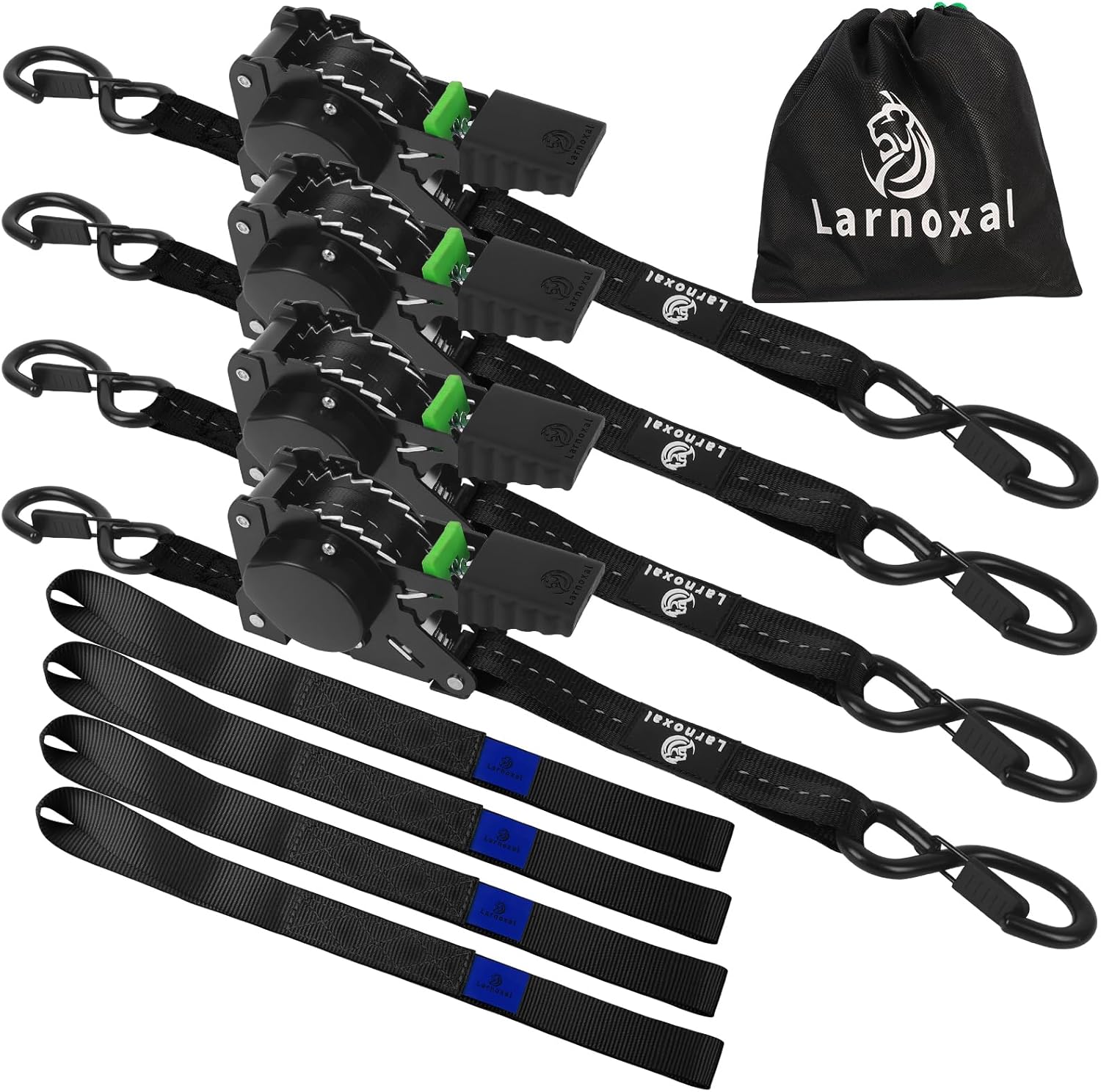 Retractable Ratchet Straps 4 Pack - 1,500 Lbs Break Strength 1 in x 10 Ft Heavy Duty Retractable Ratchet Tie Down Straps with S Hooks Set for Truck, Cargo Van, Trailer, Motorcycle (Black)