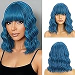 BERON Blue Wig Short Curly Wig for Women Mix Blue Wigs with Bangs Synthetic Dark Blue Wigs with Hairnet Include