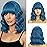 BERON Blue Wig Short Curly Wig for Women Mix Blue Wigs with Bangs Synthetic Dark Blue Wigs with Hairnet Include