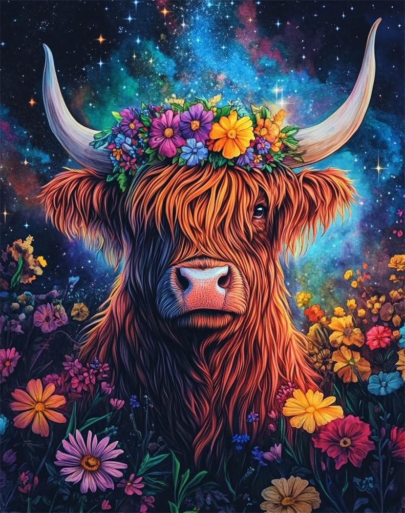 Henypt 11Ct Cross Stitch, Highland Cattle Wearing A Floral-Wreath Hat 11 Count Counted Stamped Pre Printed Cross Stitch Embroidery Kits for Adults Beginners Starter Advanced Easy Crossstitch Patter