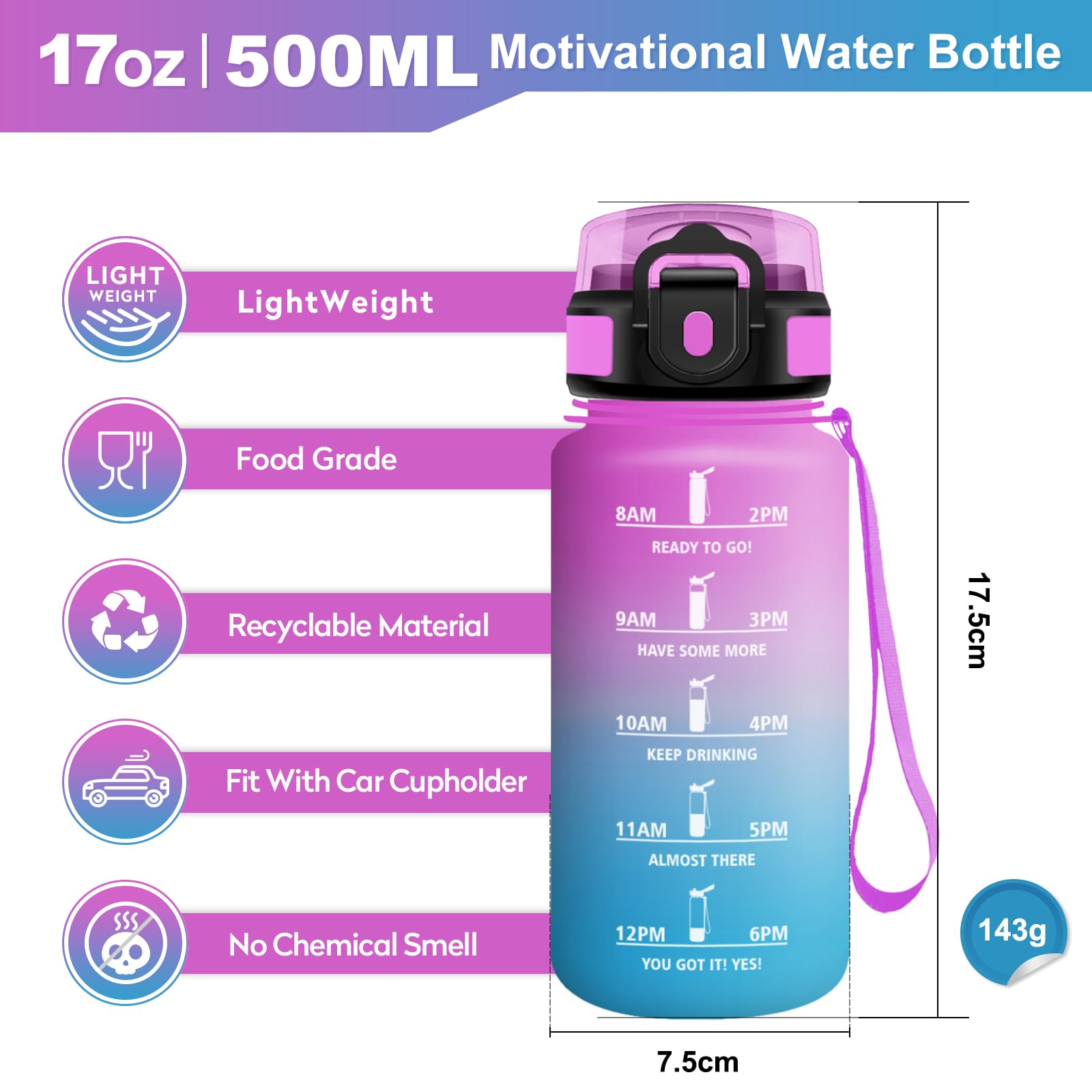 Borraccia 500ml, Bottiglia Acqua A Prova di Perdite, Borraccia con Cannuccia e Marcatori Temporali, Bottiglia Riutilizzabile, senza BPA, Borraccia Motivazionale per Bambini, Scuola, Ufficio, Yoga