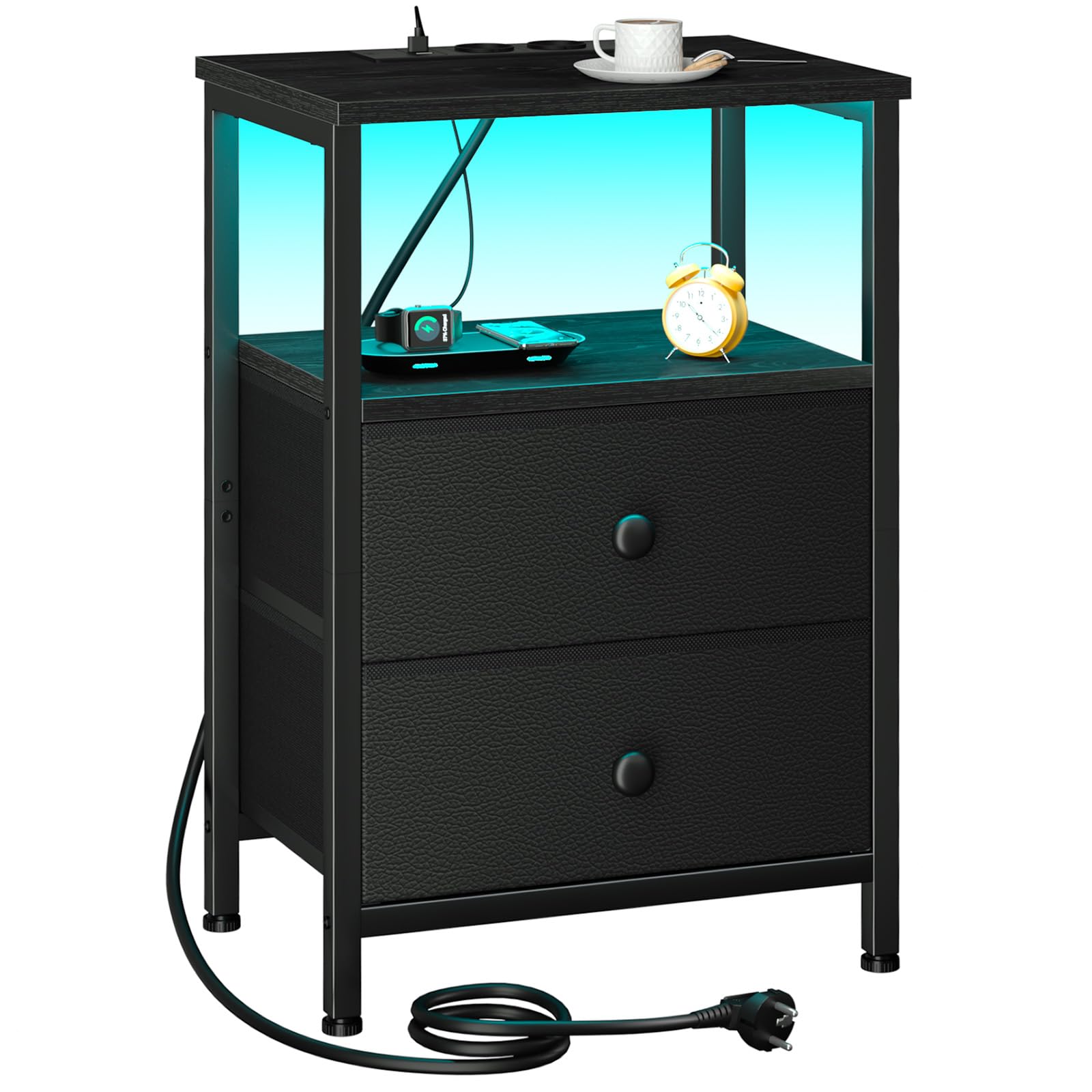 AMHANCIBLE Nachttisch mit LED-Leuchten, Beistelltisch mit Ladestation, 3-stufiger Sofatisch mit 2 Stoffschubladen, Nachtschrank aus Holz mit offenem Regal für Schlafzimmer, Wohnzimmer EHETS02BK-1