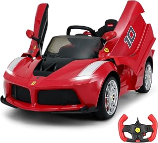 Licensed Ferrari LaFerrari 12V Kids Electric Ride On Car, Parent Remote Control Powered Wheels Racing Car with Hydraulic Doors, Leather Seat, MP3, Lights, Spring Suspension, Red