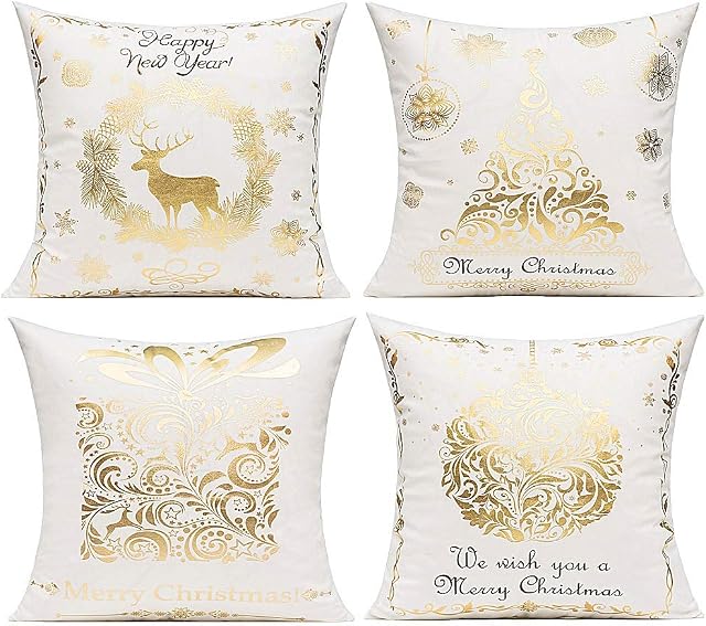 Christmas Snowflake Velvet Decorative Pillow Cushion Covers Modern Christmas Tree Reindeer Snow Gift Throw Pillow Covers Winter Xmas Holiday Bronzing Home Decor for Couch Sofa Bed 18x18 Inch Set of 4