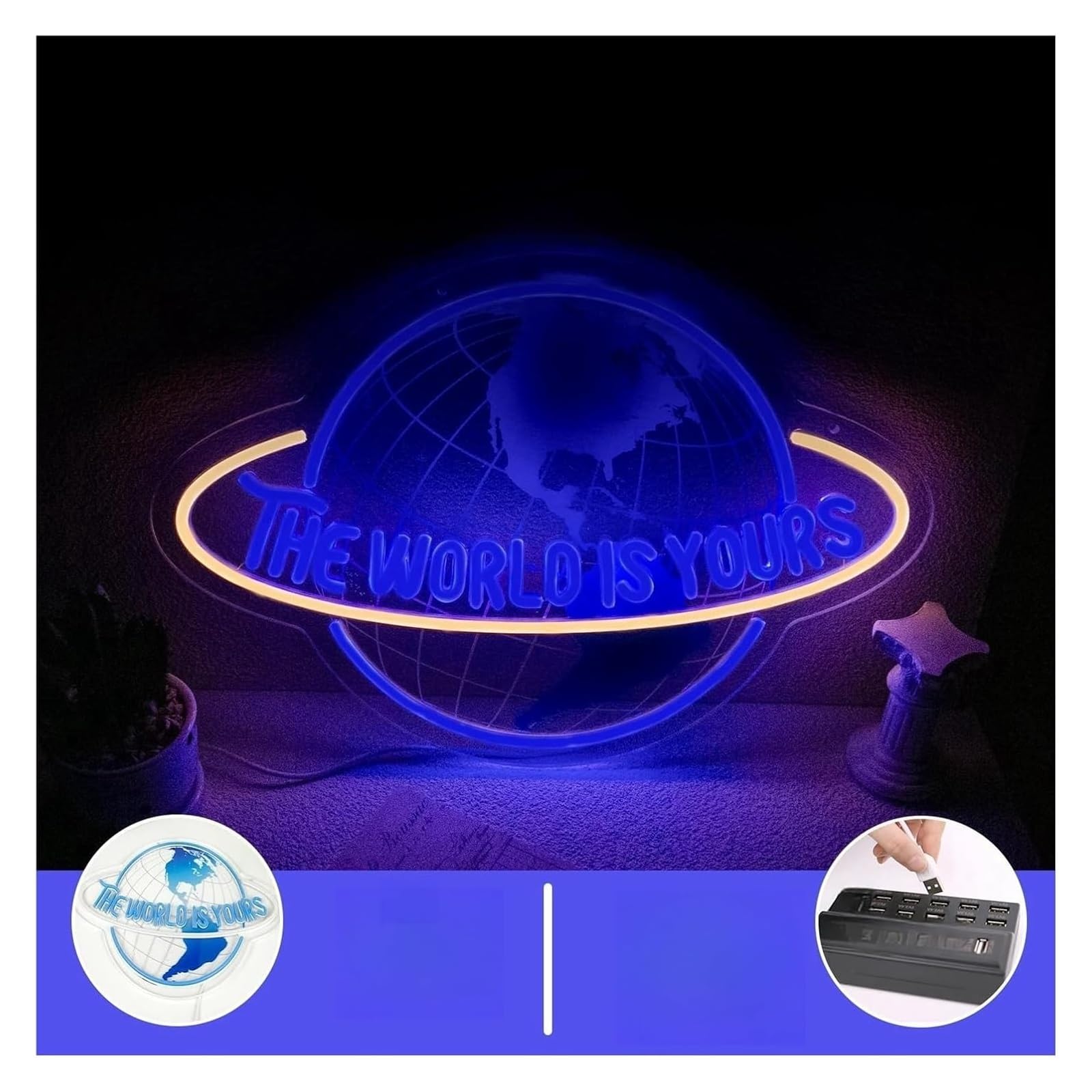 Enseigne lumineuse néon « Le monde est à vous » pour décoration murale de salle pour sport, lumière bleue, 30x42cm