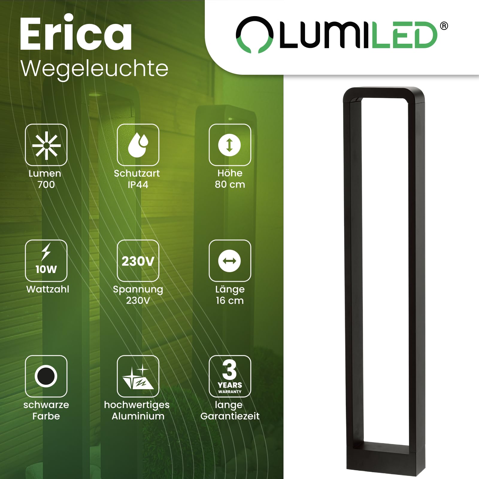Lumiled Wegeleuchte Außen LED 80cm IP44 4000K 700lm Schwarz Pollerleuchte | Neutralweiß, Außenstehleuchte, Wegelampe, Stehlampe, Gartenleuchte, spritzwasserdicht,Außenleuchte für Garten Wege Einfahrt