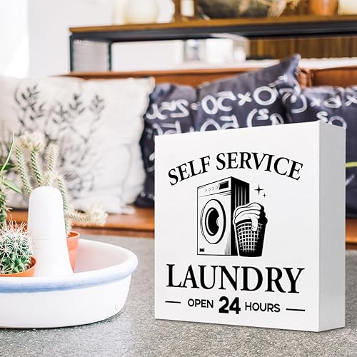 Miniatura 5 de z-crange Letrero de madera de autoservicio para lavandería, decoración de escritorio, divertida caja de lavandería, placa de madera, decoración de