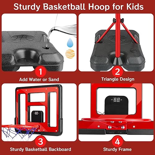 Miniatura 7 de Aro de baloncesto para niños, altura ajustable de 3.5 a 6.2 pies, aro de baloncesto para interiores y exteriores con marcador y LED, juguete de